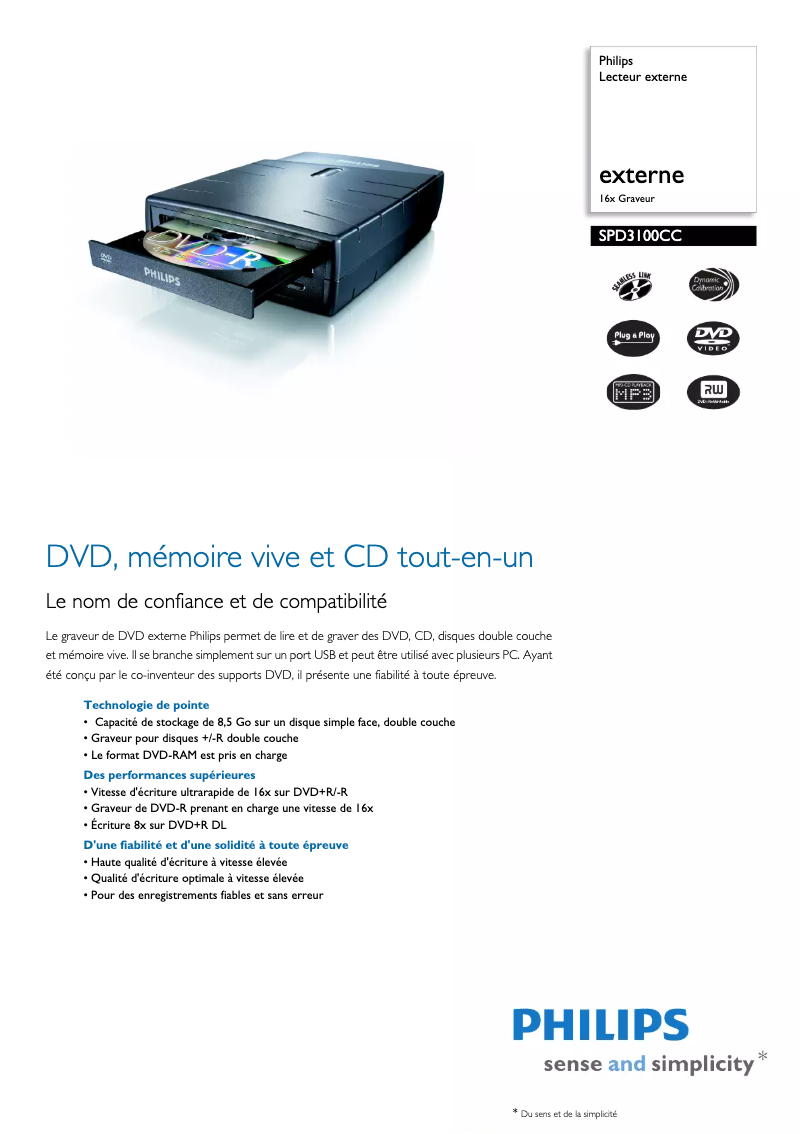 Page 1 de la notice Fiche technique Philips SPD3100CC