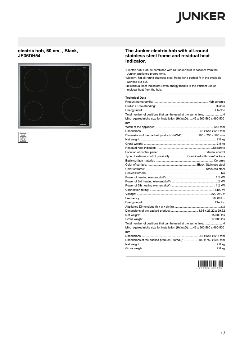 Page n°1 - Fiche technique Junker JE36DH54