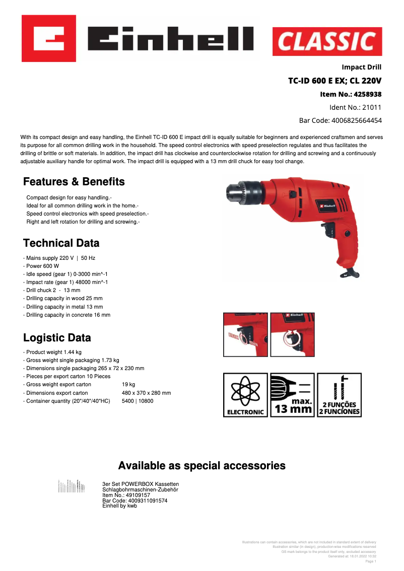 Page 1 de la notice Fiche technique Einhell TC-ID 600 E EX