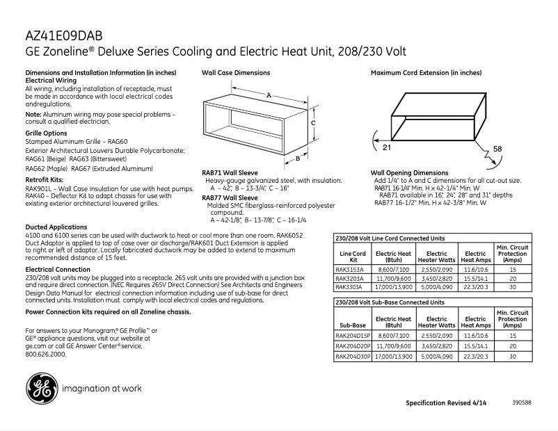 Page 1 of the manual Technical Sheet GE AZ41E09DAB