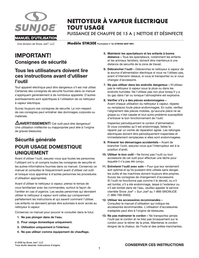 Page 1 de la notice Manuel utilisateur Sun Joe STM30E