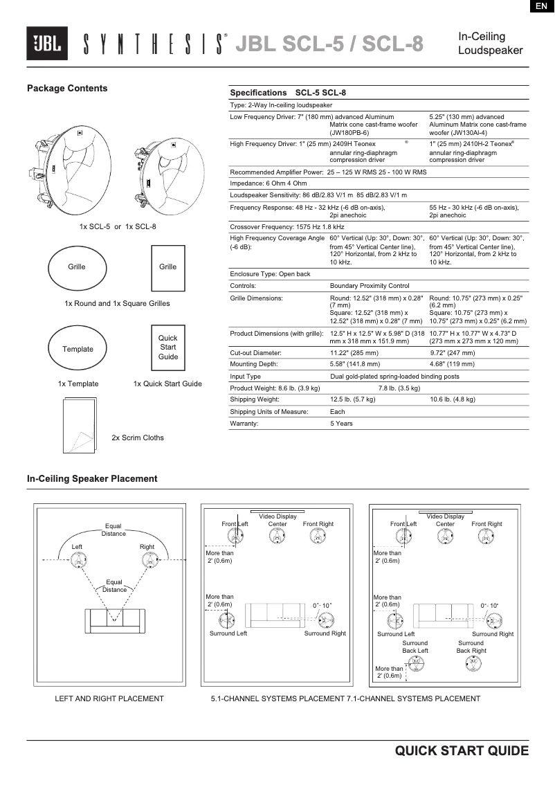 Page 1 de la notice Guide de démarrage rapide JBL Synthesis SCL-8