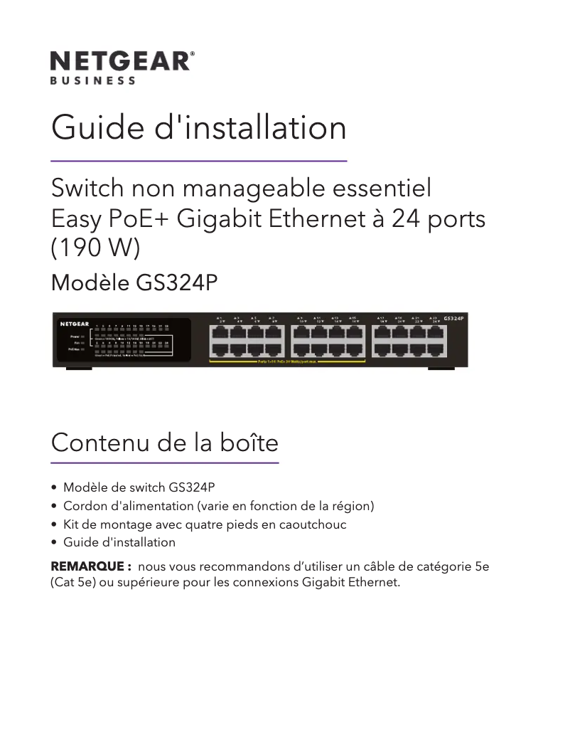 Page n°1 - Guide d'installation Netgear GS324P