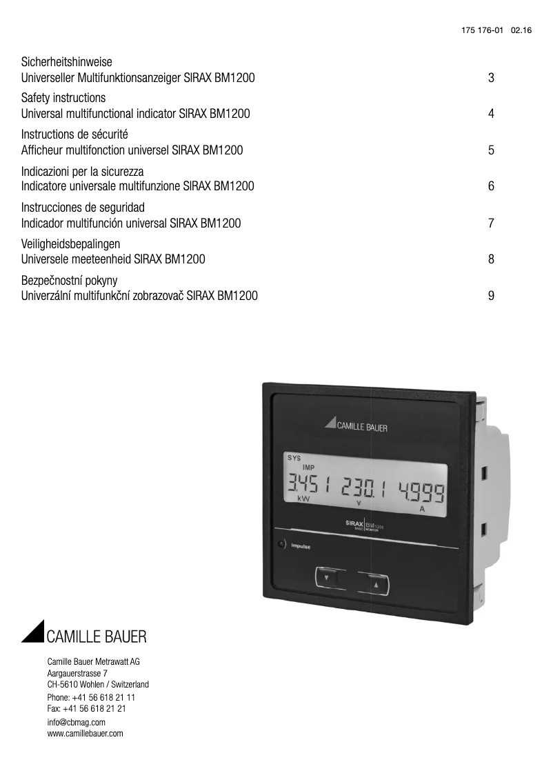 Page 1 de la notice Instructions de sécurité Camille Bauer SIRAX BM1200