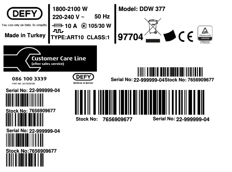 Page 1 de la notice Label énergétique Defy DDW 377
