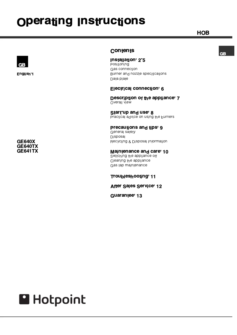 Page 1 of the manual User Manual Hotpoint GE640X