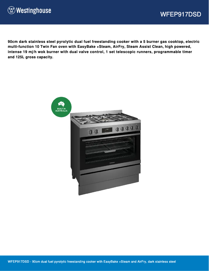 Page 1 de la notice Fiche technique Westinghouse WFEP917DSD