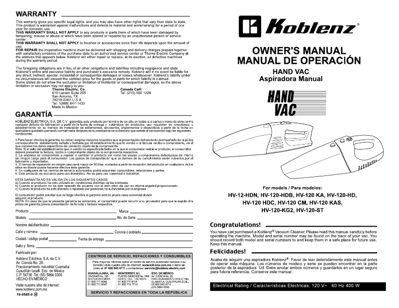 Page n°1 - Manuel utilisateur Koblenz HV-120 ST