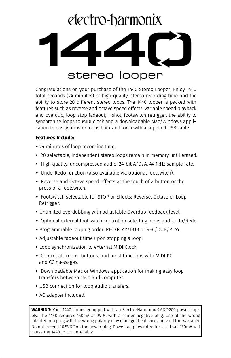 Page 1 de la notice Manuel utilisateur Electro Harmonix 1440
