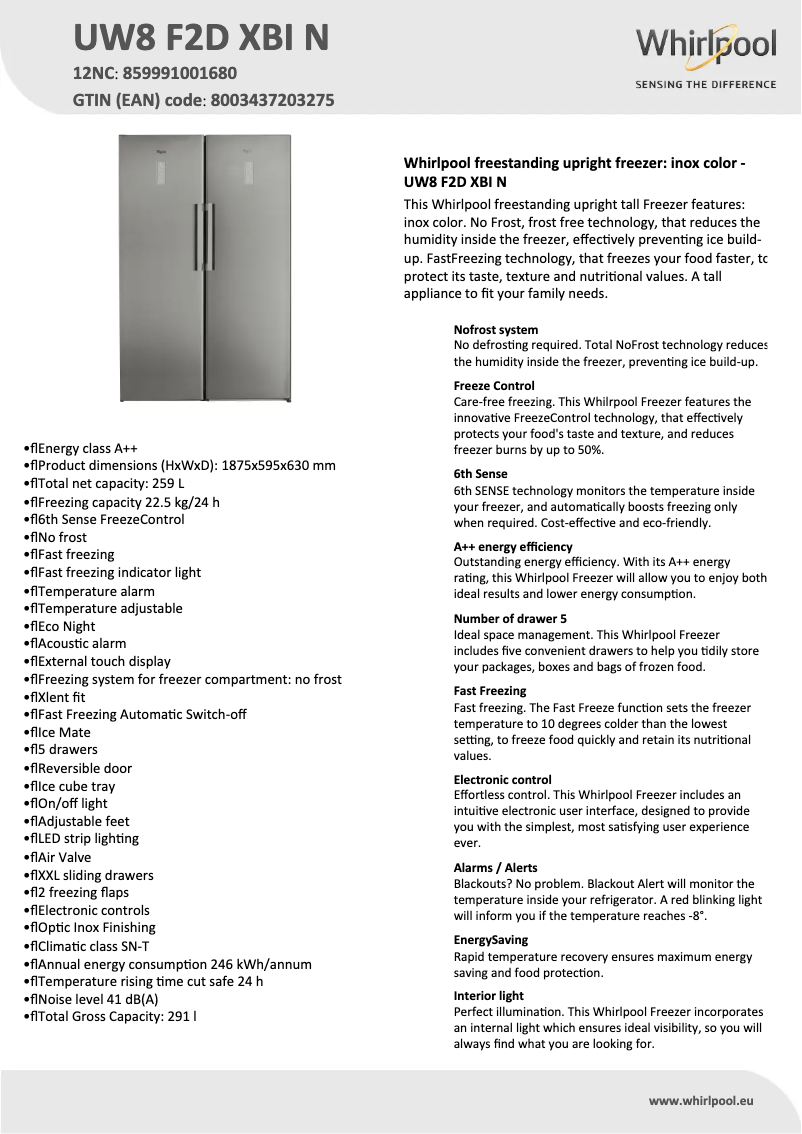 Page 1 de la notice Fiche technique Whirlpool UW8 F2D XBI N