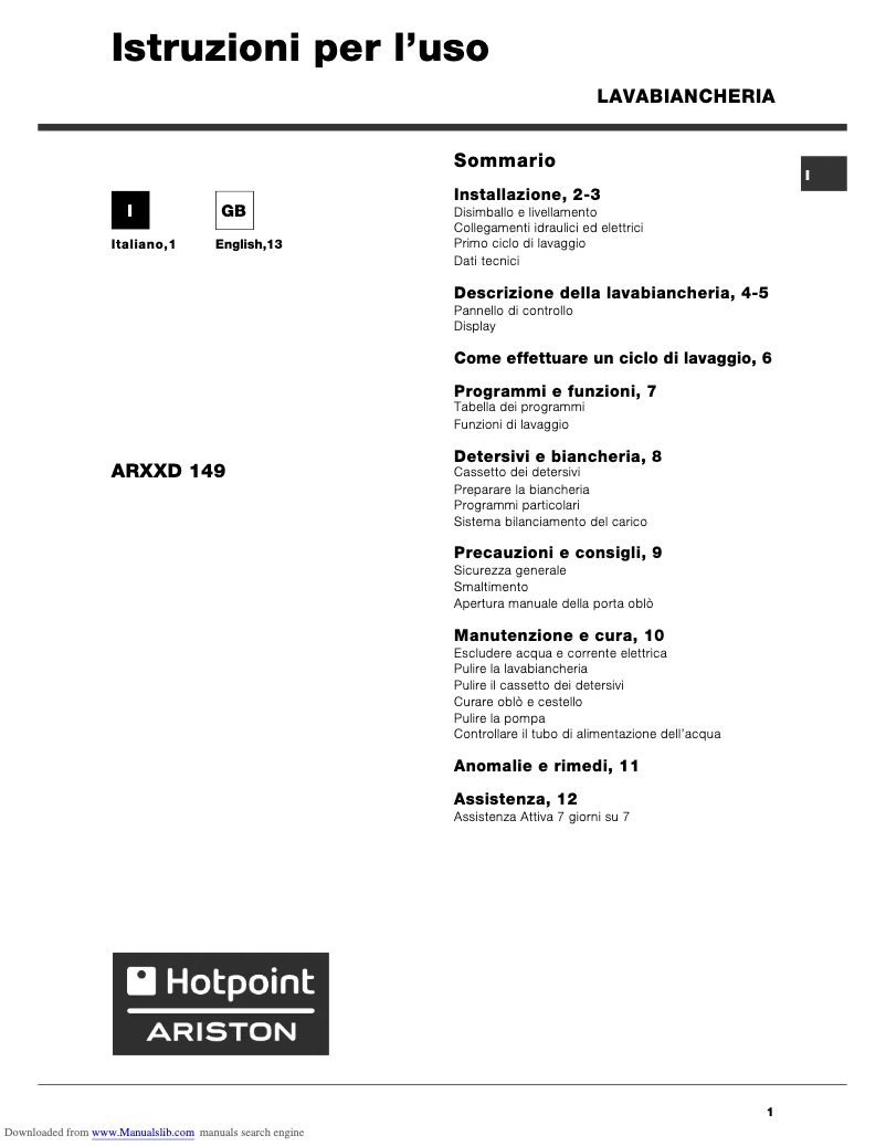 Page 1 de la notice Manuel utilisateur Hotpoint Ariston ARXXD 149