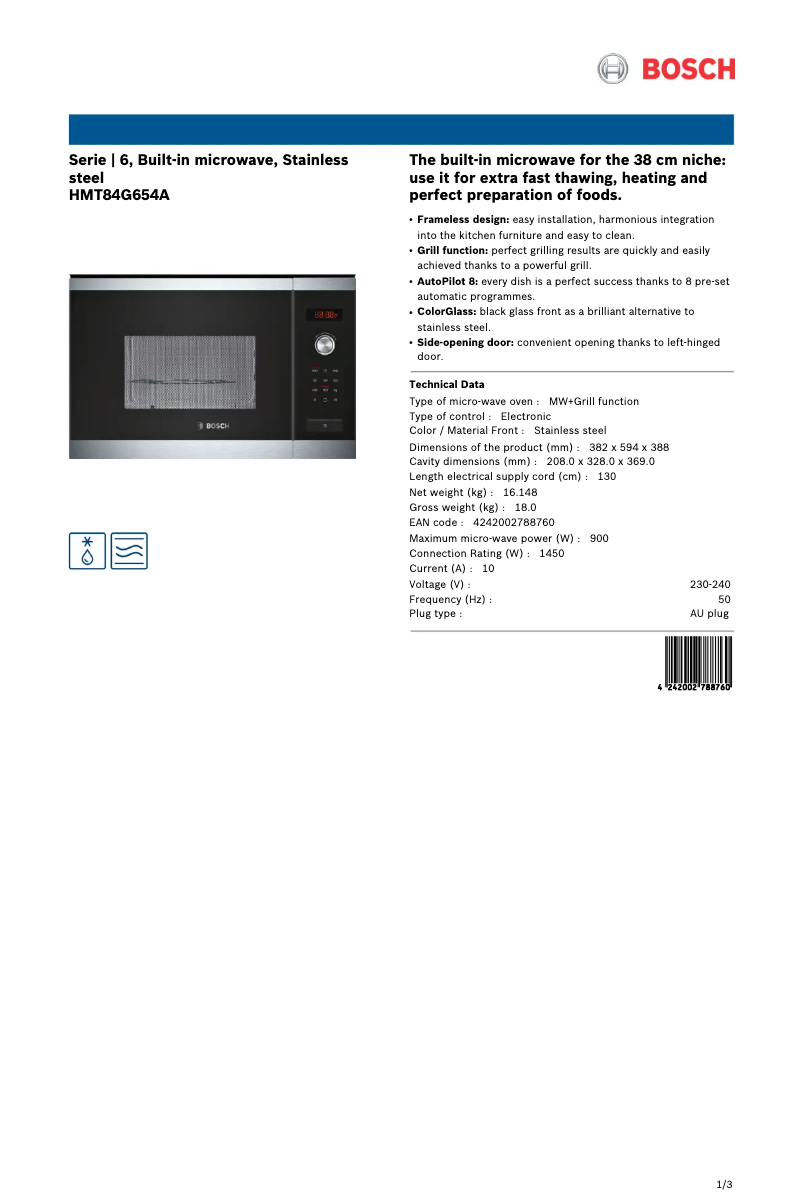 Page 1 de la notice Fiche technique Bosch HMT84G654A