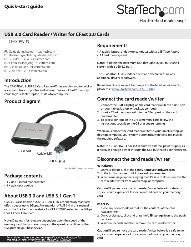 Page 1 de la notice Manuel utilisateur StarTech.com CFASTRWU3