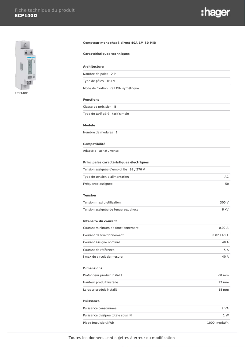 Page 1 de la notice Fiche technique Hager ECP140D