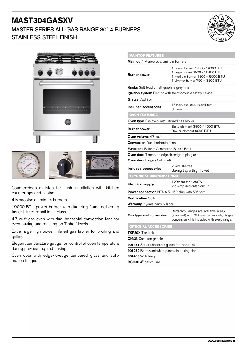Page 1 de la notice Fiche technique Bertazzoni MAST304GASXVLP