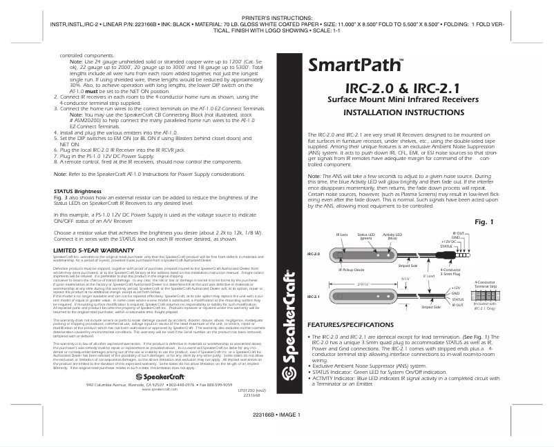 Page n°1 - Manuel utilisateur SpeakerCraft IRC-2.0