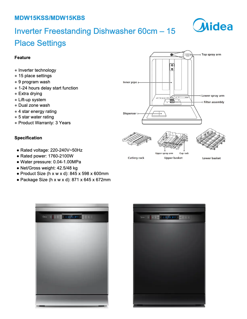 Page n°1 - Fiche technique Midea MDW15KBS