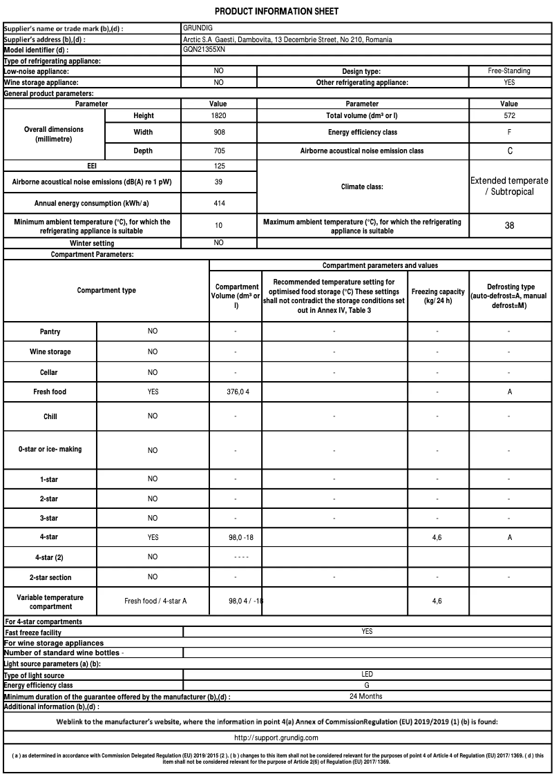 Page 1 de la notice Fiche technique Grundig GQN21355XN