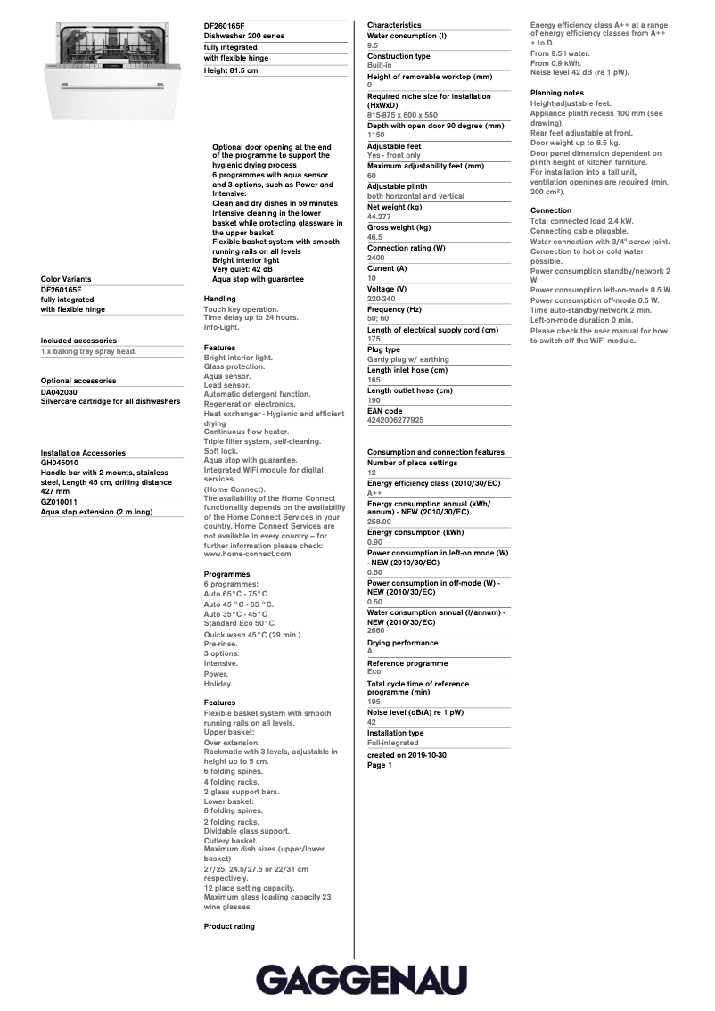 Page 1 de la notice Fiche technique Gaggenau DF260165F