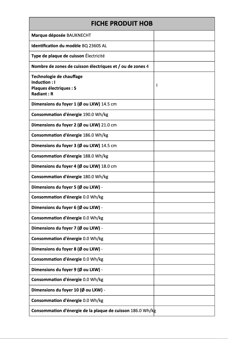 Page 1 de la notice Fiche technique Bauknecht BQ 2360S AL