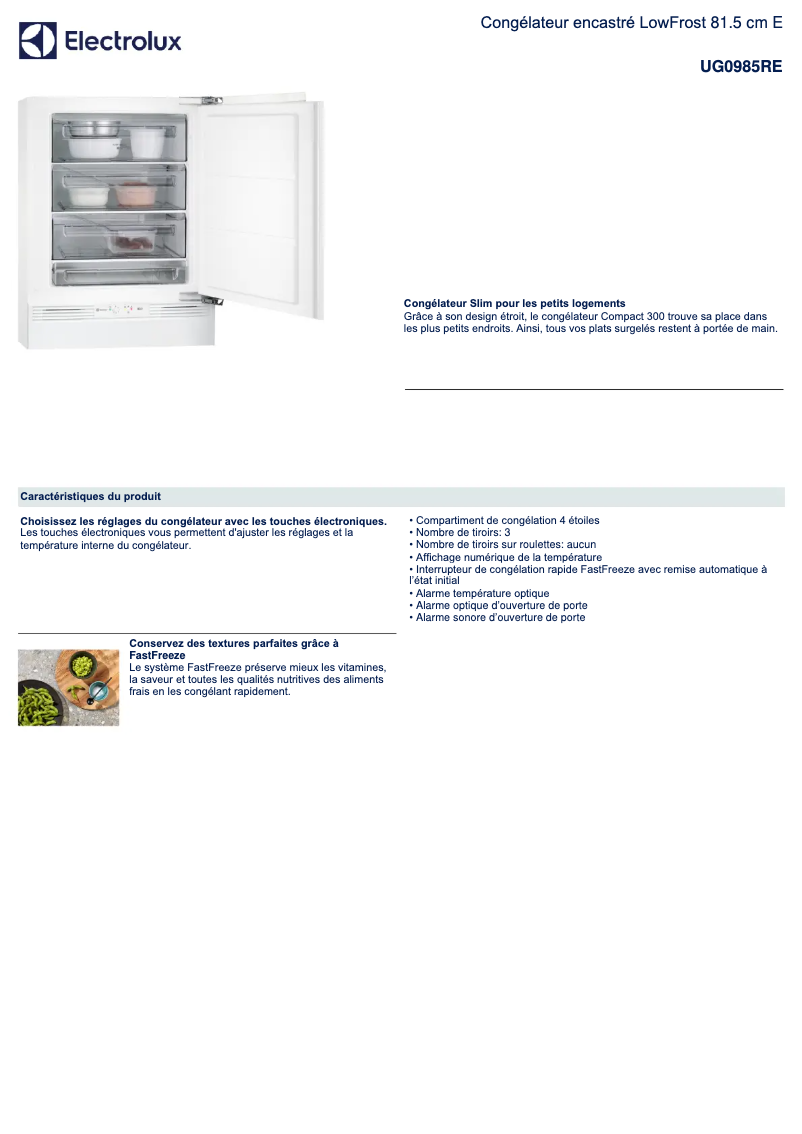Page 1 de la notice Fiche technique Electrolux UG0985RE