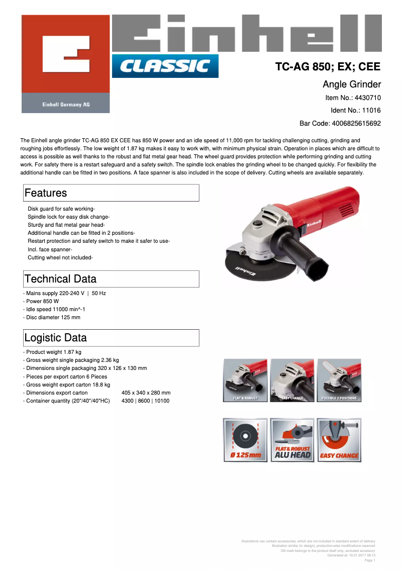 Page n°1 - Fiche technique Einhell TC-AG 850