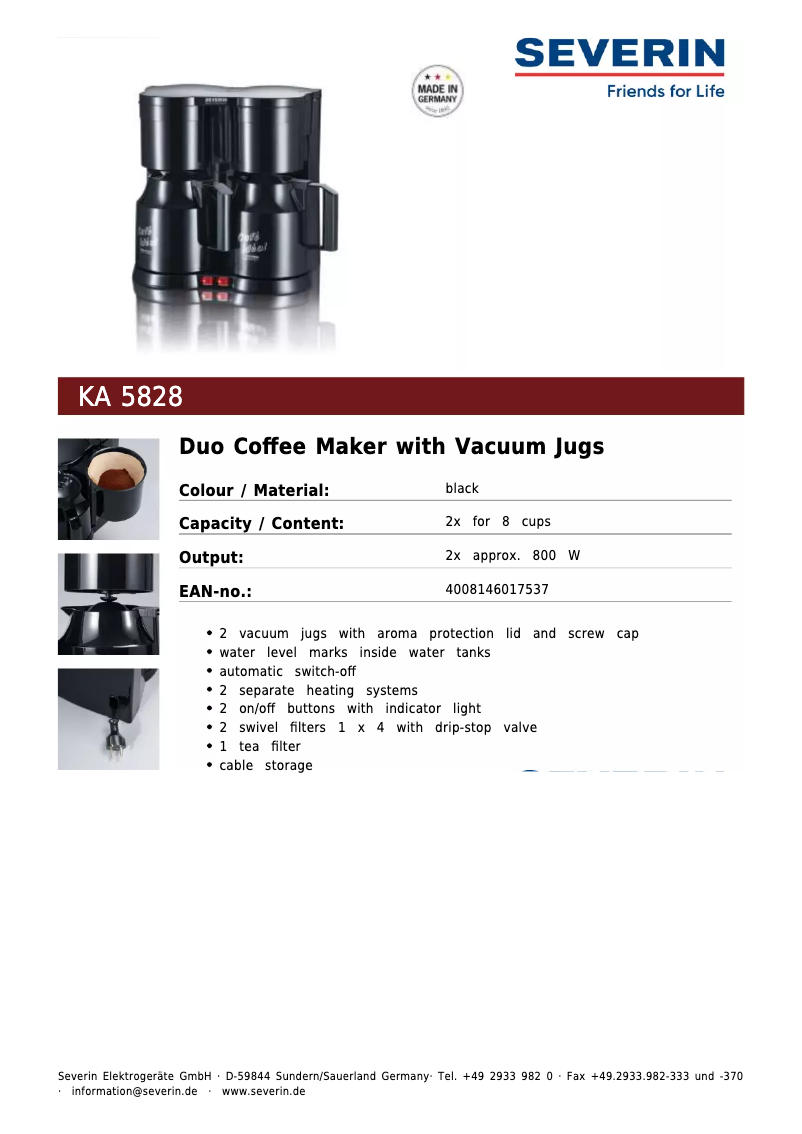Page 1 de la notice Fiche technique Severin KA 5828