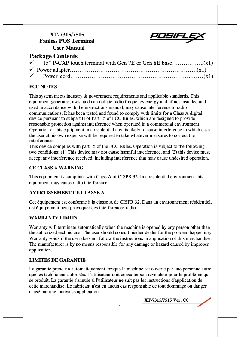 Page 1 de la notice Manuel utilisateur Posiflex XT-7515