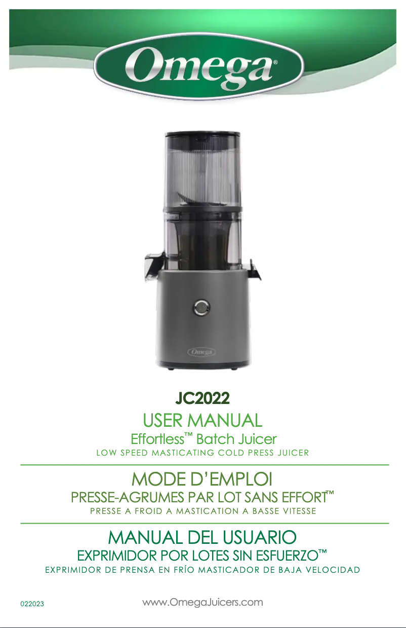 Image de la première page du manuel de l'appareil Effortless Batch Juicer JC2022