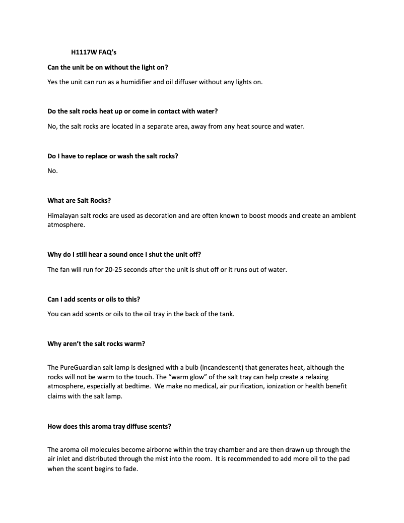 Página 1 del manual Preguntas frecuentes PureGuardian H1117