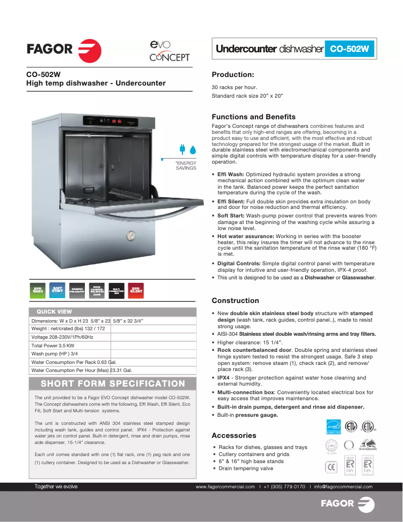 Page 1 de la notice Fiche technique Fagor CO-502W