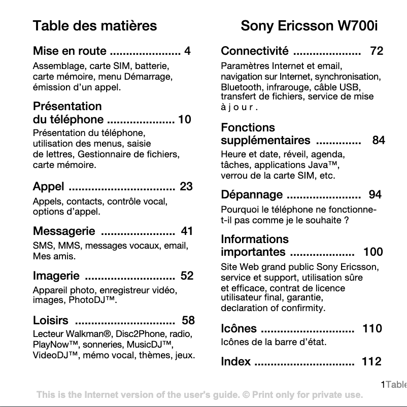 Page 1 de la notice Manuel utilisateur Sony Ericsson W700i