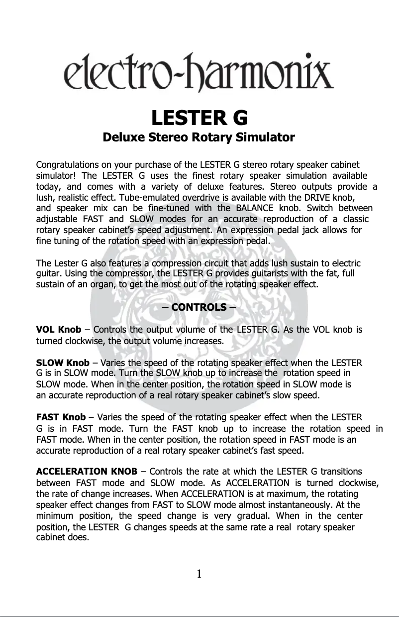 Page 1 de la notice Manuel utilisateur Electro Harmonix Lester G