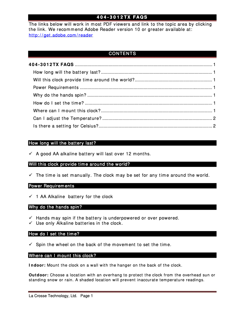 Page 1 de la notice FAQ La Crosse Technology 404-3012TX