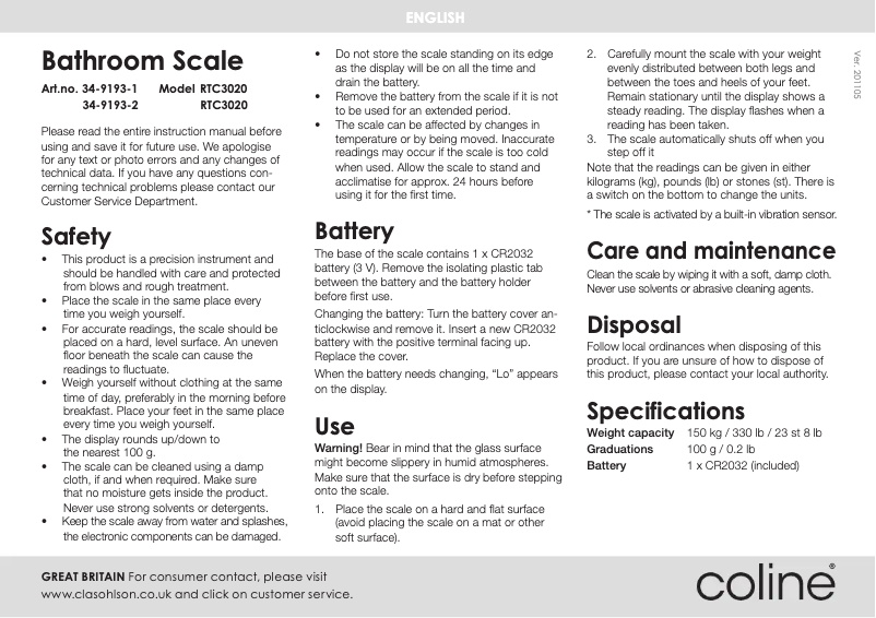 Page 1 de la notice Manuel utilisateur Coline RTC3020