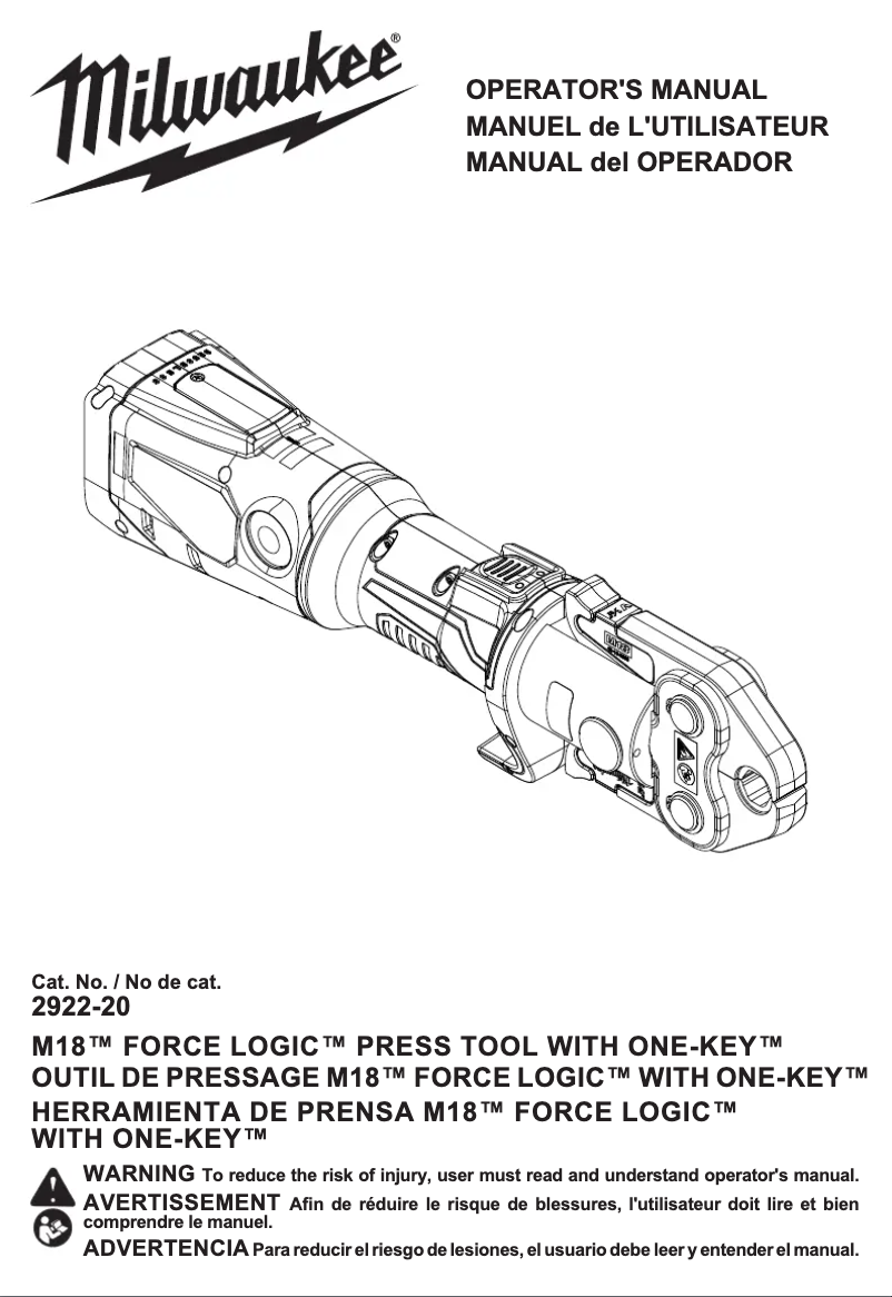Page 1 de la notice Manuel utilisateur Milwaukee M18 Force Logic ONE-KEY 2922-22