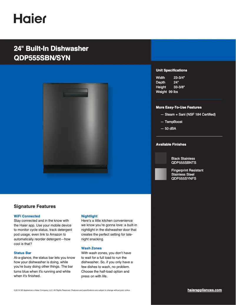 Page 1 de la notice Fiche technique Haier QDP555SBNTS