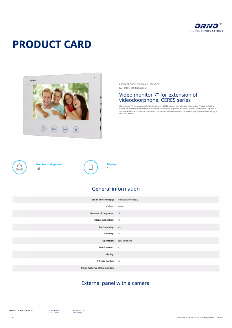 Page 1 de la notice Fiche technique Vibell OR-VID-ME-1056MV
