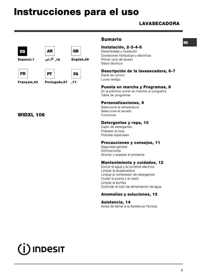 Page 1 de la notice Manuel utilisateur Indesit WIDXL 106 (EXP)