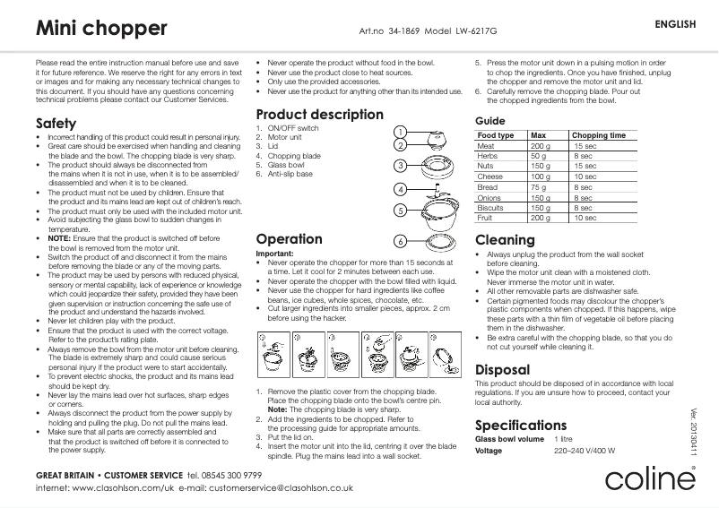 Page 1 de la notice Manuel utilisateur Coline LW-6217G