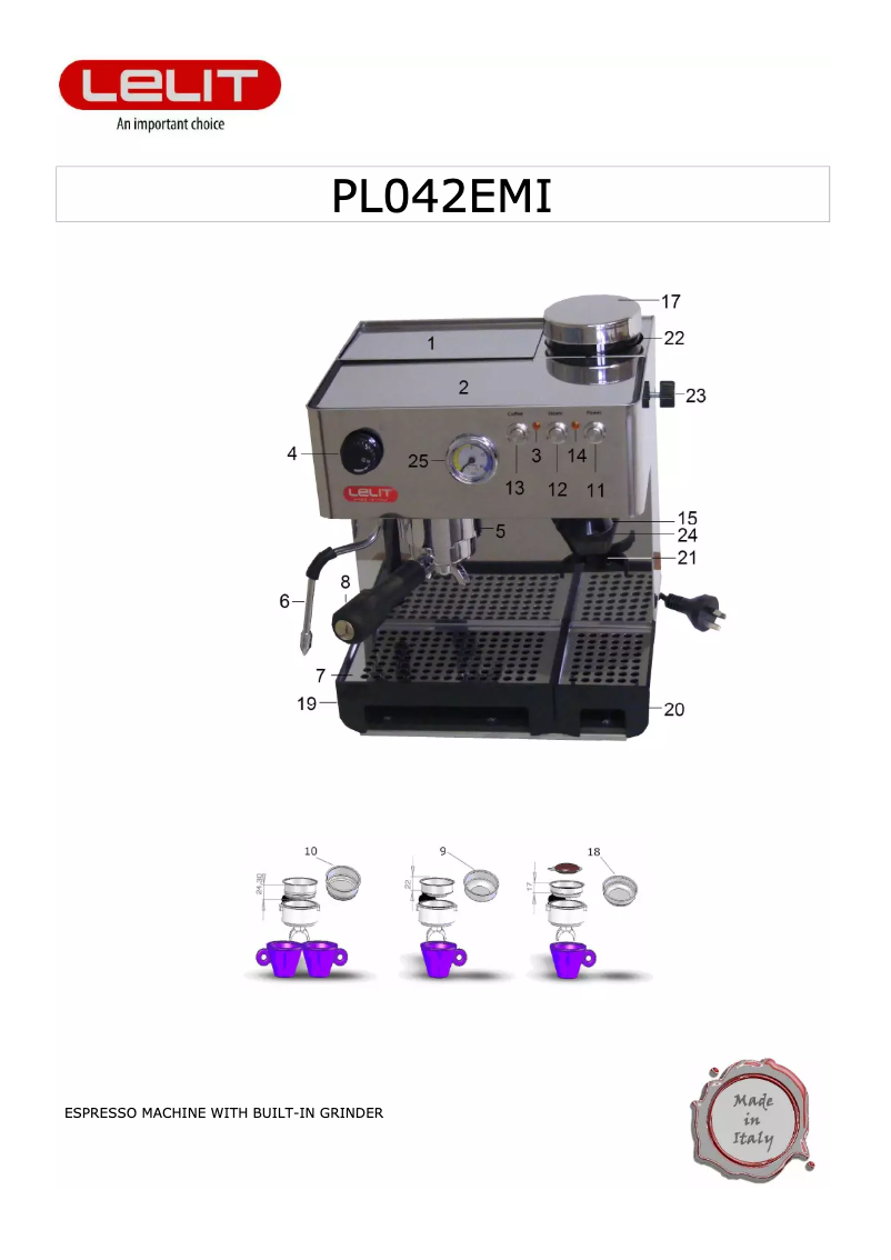 Page 1 de la notice Manuel utilisateur Lelit PL042EMI