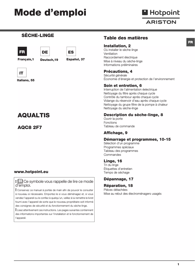 Image de la première page du manuel de l'appareil AQUALTIS AQC8 2F7