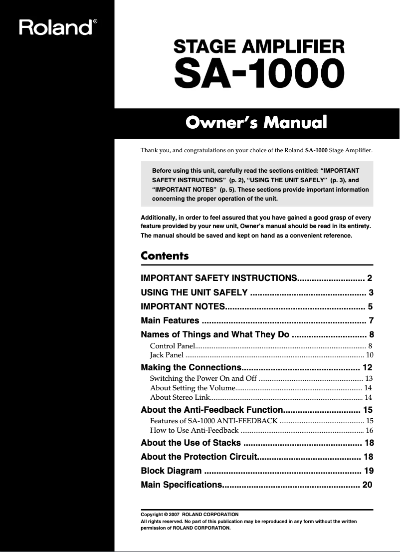 Page 1 de la notice Manuel utilisateur Roland SA-1000