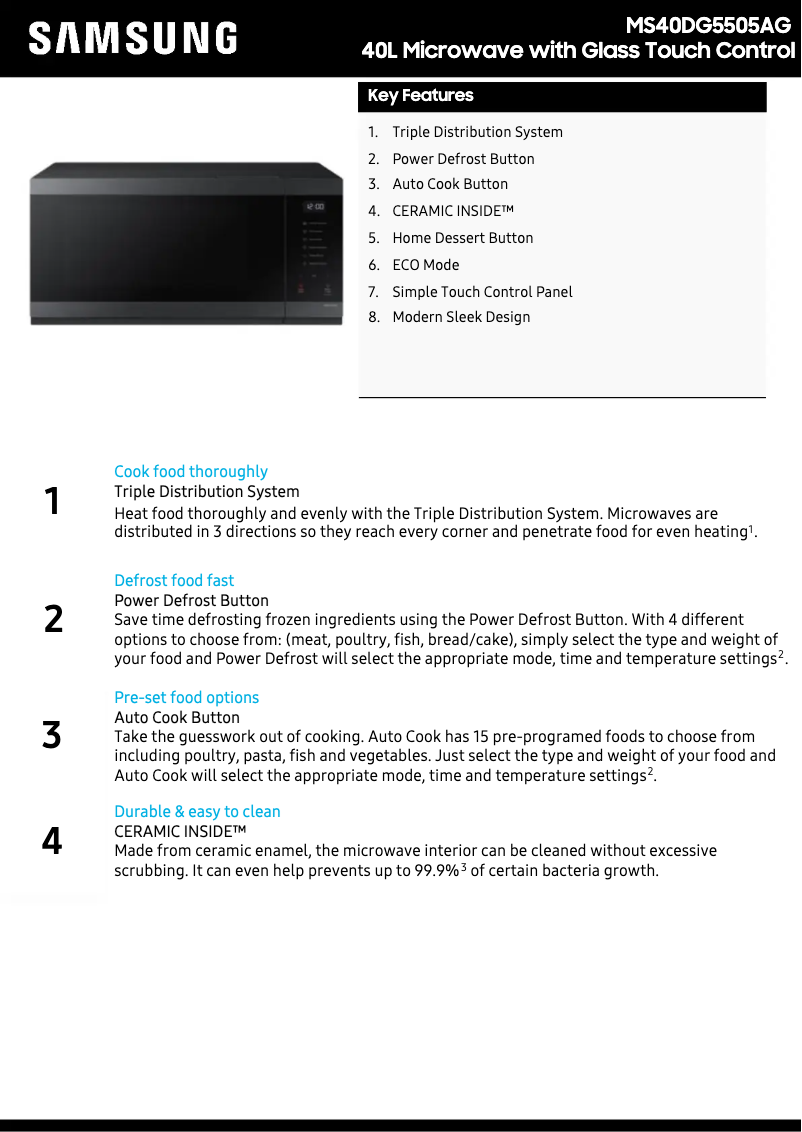 Page 1 de la notice Fiche technique Samsung MS40DG5505AG