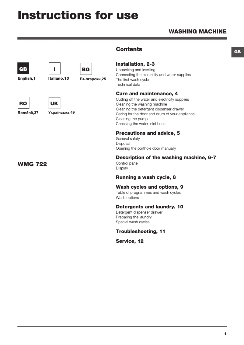 Page n°1 - Manuel utilisateur Hotpoint Ariston WMG 722S EU