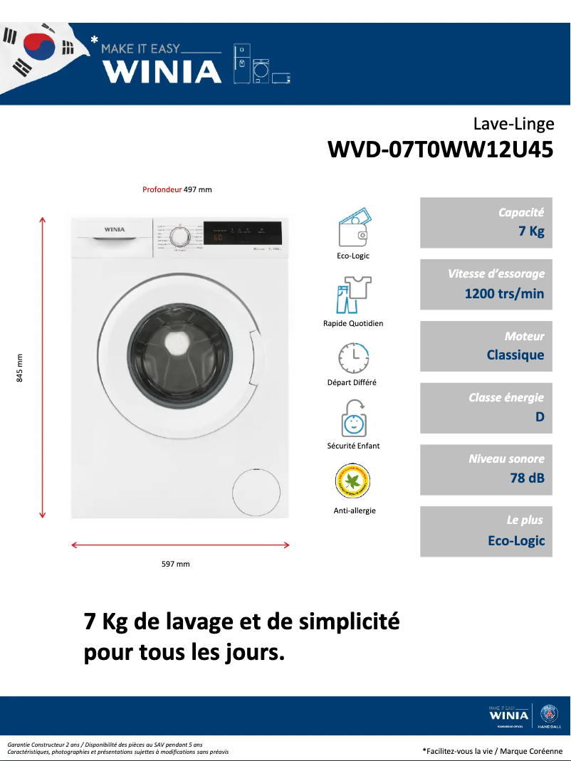 Page n°1 - Fiche technique Winia WVD-07T0WW12U45