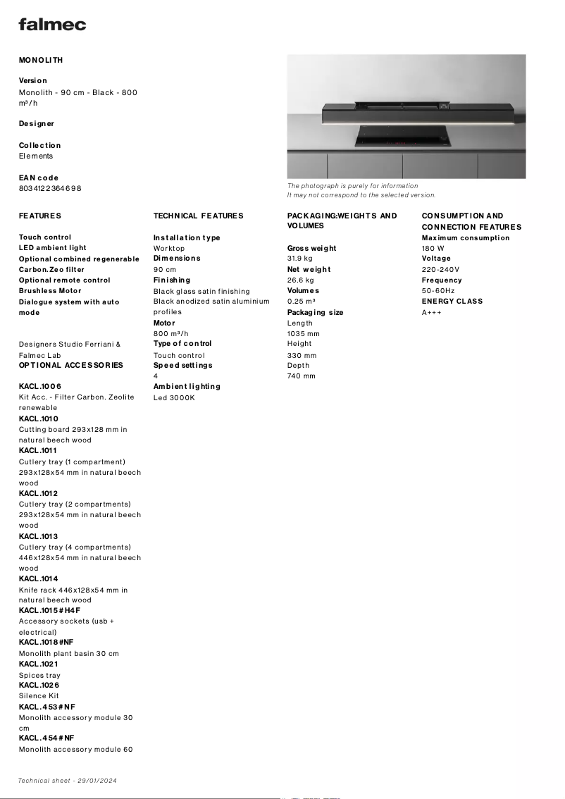 Page 1 de la notice Fiche technique Falmec Monolith