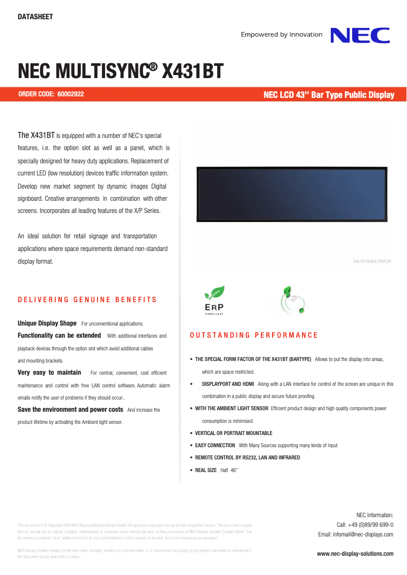Page 1 de la notice Brochure NEC MultiSync X431BT