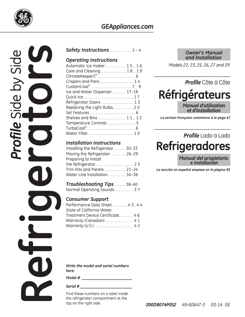 Imagen de la primera página del manual del dispositivo Profile PSS28KSHSS