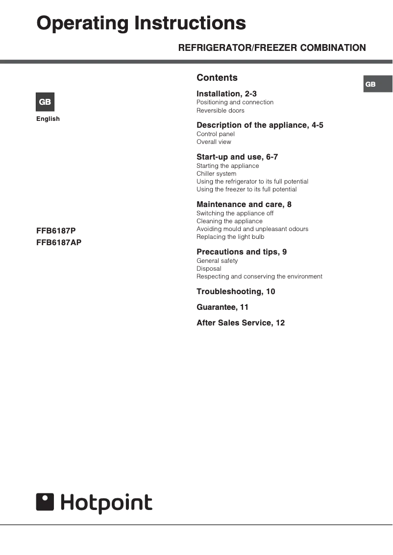 Page n°1 - Manuel utilisateur Hotpoint FFB6187X
